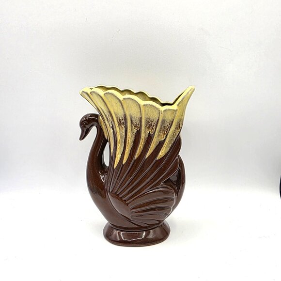 Vintage Swan Vase Mid Century Art Deco Brown Yellow Drip Japan Unique Rare 6" - Picture 5 of 10